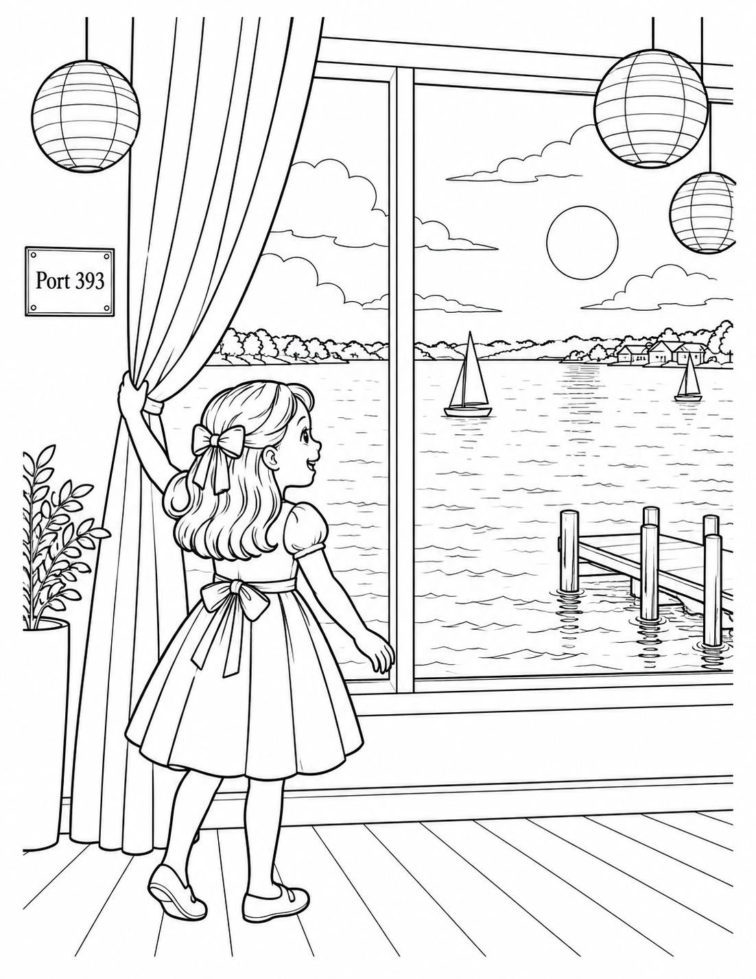 A child sweeps open one tall curtain to reveal Lake Macatawa through the venue’s broad windows, with a few simple party lanterns framing the view.