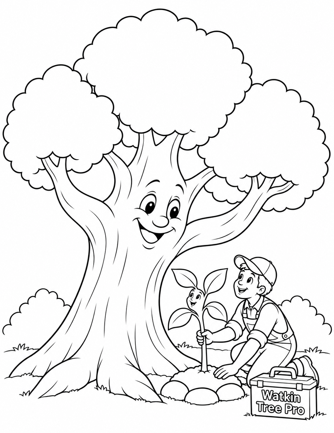 Preserve the delightful mature smiling tree, small smiling sapling, friendly kneeling tree-care worker, stem-holding and soil-patting hands, broad root flare and toolbox from input1. Pull the camera back materially and center the ENTIRE group so the mature tree is a complete contained silhouette: ALL THREE large rounded canopy masses, every outer lobe at top/left/right, both main branches and the full root flare fit inside clear white margins. No canopy edge may meet the canvas; leave at least five percent of page width outside the leftmost and rightmost crown contours, and a similar white gap above the top crown. Keep the three faces inviting and sufficiently large, with the worker and sapling beside the tree below the canopy; do not merely cut off more scenery at another edge. Keep the whole worker cap/body/knees/shoes, sapling leaves and toolbox inside the page. The worker gently holds the sapling stem with one visible hand while the other pats its soil mound, preserving coherent natural contacts. Replace ALL gray stipple, scumble, grain, hatching and shading throughout the soil mound, tree trunk, rocks, toolbox and ground with PURE WHITE broad outlined forms. The soil is one smooth white mound outlined only around its perimeter, with no tiny pebbles or dotted interior. Give the mature trunk only a few long sparse black contour lines; its interior is white, not wood grain. Three broad white rock forms may border the sapling mound. Remove the busy foreground grass tufts and dense side bushes; use only two simple broad peripheral shrub contours and a short sparse ground baseline. Preserve the complete readable business name on the toolbox, now in open outline letters. The main coloring regions are large white canopy clouds, broad white trunk/root shapes, sapling leaves, worker clothes and smooth soil mound. Do not add tools, extra plants, people, words or a new narrative.
