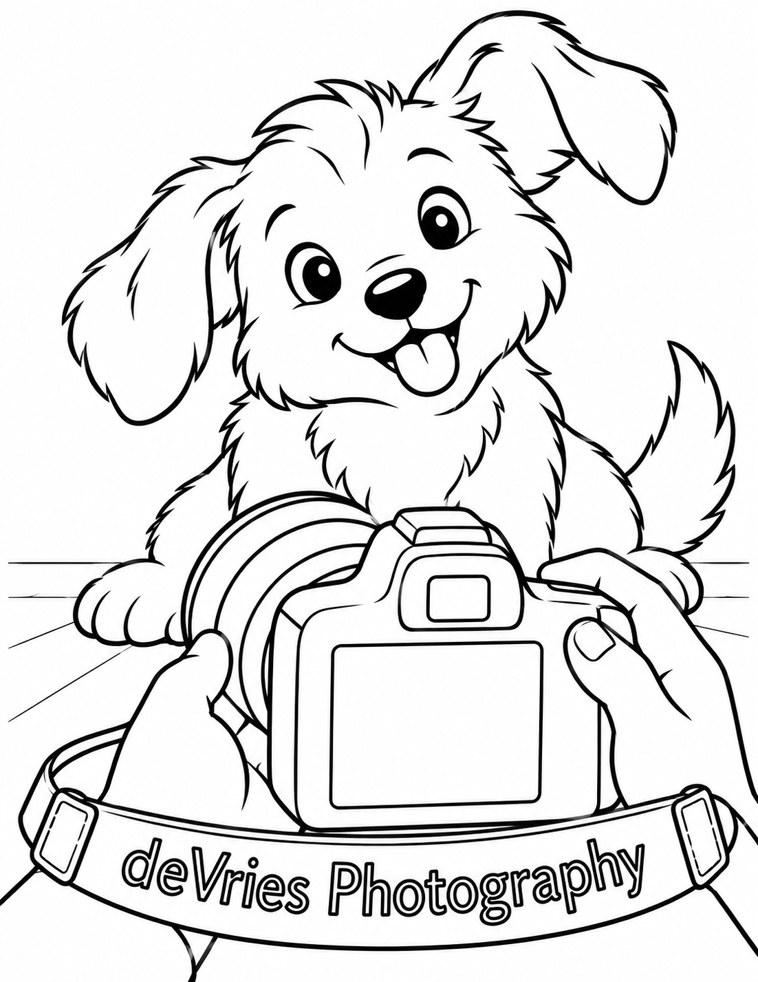 Draw a close, affectionate portrait from a rear-left three-quarter viewpoint of a photographer camera at puppy height. The black-outline camera body fills the lower third, held securely by two visible hands with fingers around the grip and support beneath the lens. The camera lens points away from the viewer directly toward the puppy. Show the rear housing and the side of the barrel with three broad bands, without the front lens glass. Use a broad simple camera body and three smooth side-barrel bands, all white inside, with no invented controls or logos. Directly beyond it sits an exuberant floppy-eared puppy, its big head and lifted ears filling the upper two thirds. One ear lifts higher than the other; the puppy eyes look toward the lens and its small tongue peeks out. Both ears, nose, paws and camera edges remain complete. The lens is in front of the puppy chest; the puppy is physically behind the camera, not inside the lens. Sparse floor contour only. Exact business lettering belongs on one broad camera-strap panel curving across the lower foreground. No photographer face, flash burst, finished photo inset, extra pets, scenery or frame. Keep the fur in a few large open lobes.