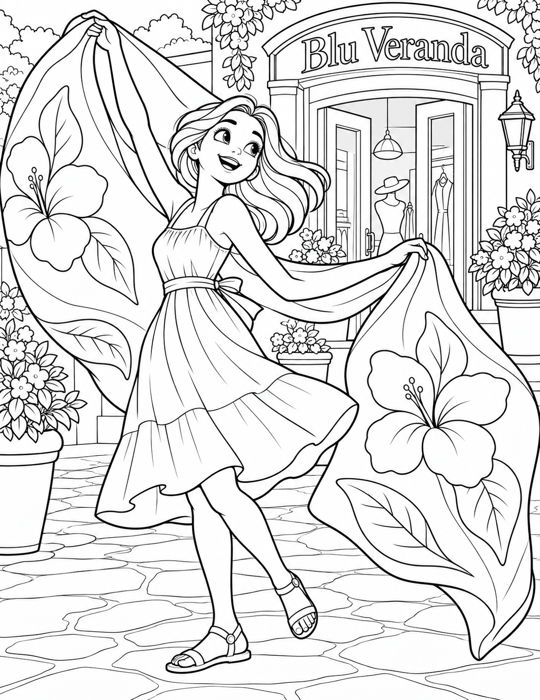 Draw a joyous fashion illustration from a slightly low three-quarter viewpoint. A young woman in a simple knee-length summer dress and flat sandals turns gently on one planted foot outside an imagined boutique. She holds the two ends of an enormous lightweight scarf in separate hands; a breeze lifts the cloth in two large curving panels around her, like loose butterfly wings, while its middle drapes behind her shoulders. The scarf panels dominate the page with only five large open-outline leaf and flower motifs spread across the fabric. Her face is visible, eyes bright, and hair is drawn in three broad unfilled locks. Keep all limbs clear and both sandals completely inside the page. A small plain shop doorway behind her provides a single readable lintel sign. No actual storefront reconstruction, runway audience, swimsuit, unrelated butterfly or extra fashion text. The flowing cloth and delighted turning pose are the attraction.