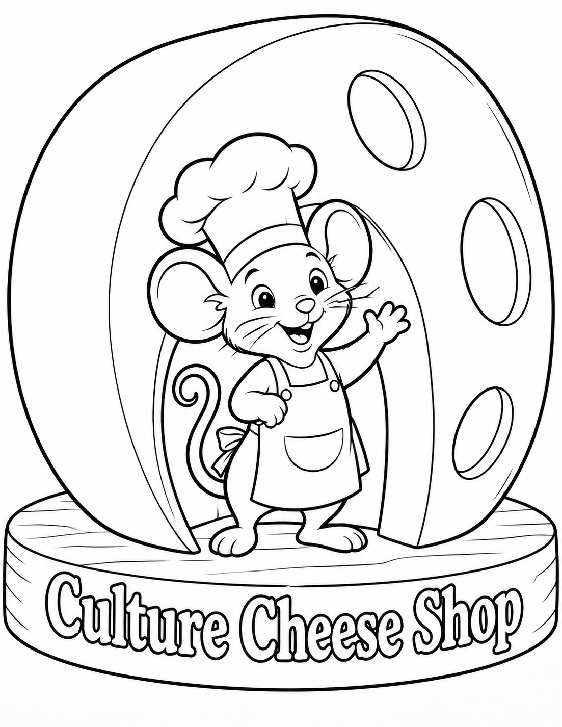 Draw a jaunty storybook mouse chef greeting viewer from the round doorway in the cut front face of one enormous cheese wheel. The wheel stands firmly on a broad plain cheese board, three-quarter view, with a thick smooth rounded rind and three large oval cheese holes. One lower central hole becomes the broad doorway where the dressed mouse stands fully visible, tall simple chef hat and apron, pleased smile and one paw lifted in greeting. Mouse is an openly fantasy culinary character; no real food stock or hygiene claim. Give it broad ears, smooth body and one curled tail. Exact business lettering is on cheese-board front. No extra mice, knife, food parade, tiny cheese texture or storefront. Wheel and complete mouse dominate with generous open white regions.