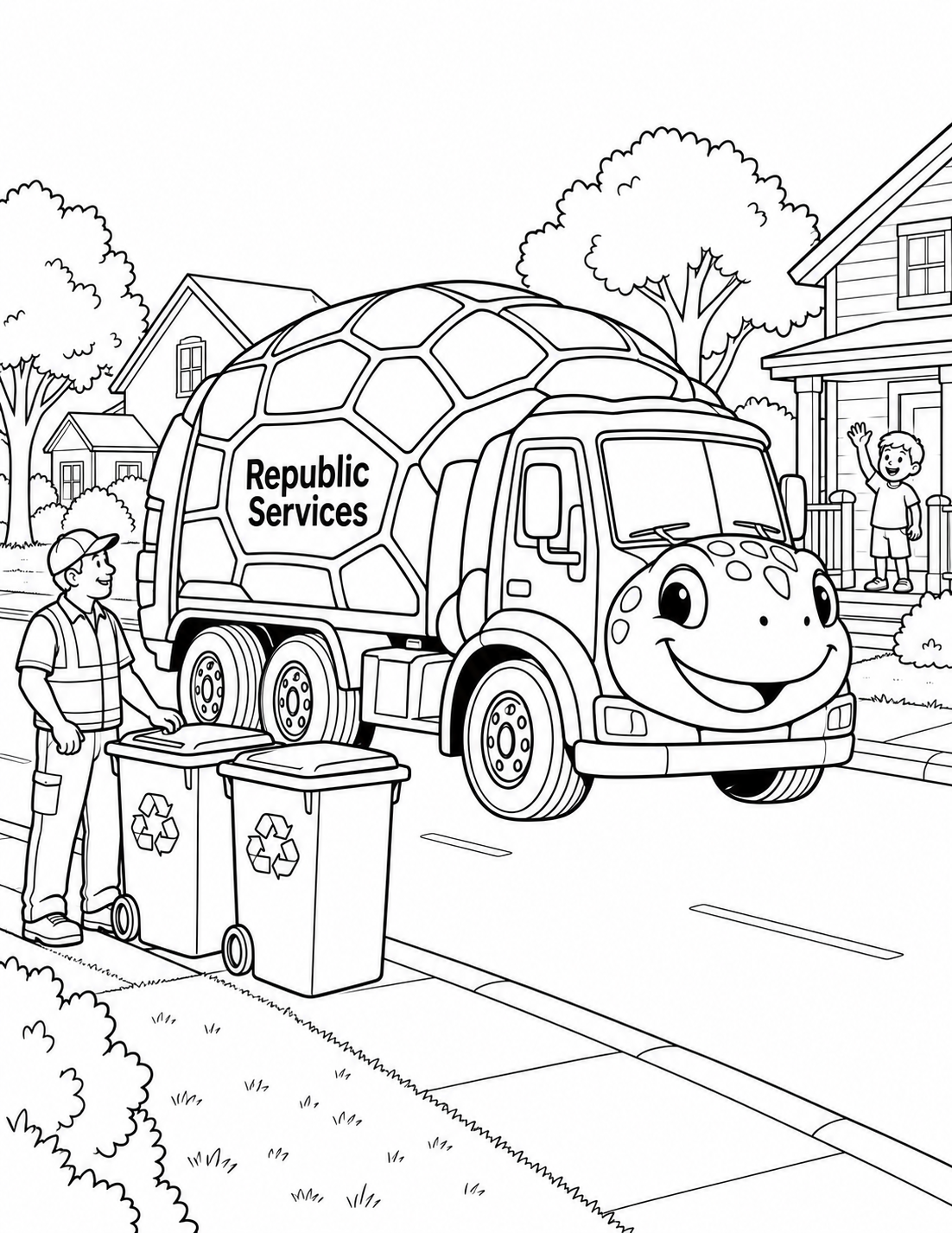 A turtle-shaped recycling truck visits an ordinary neighborhood.