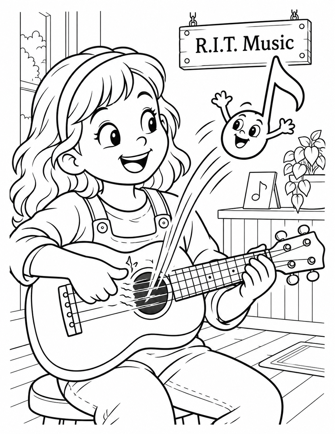 One plucked ukulele string sends an oversized friendly musical-note character springing from the sound hole while the child's thumb remains visibly on the string.