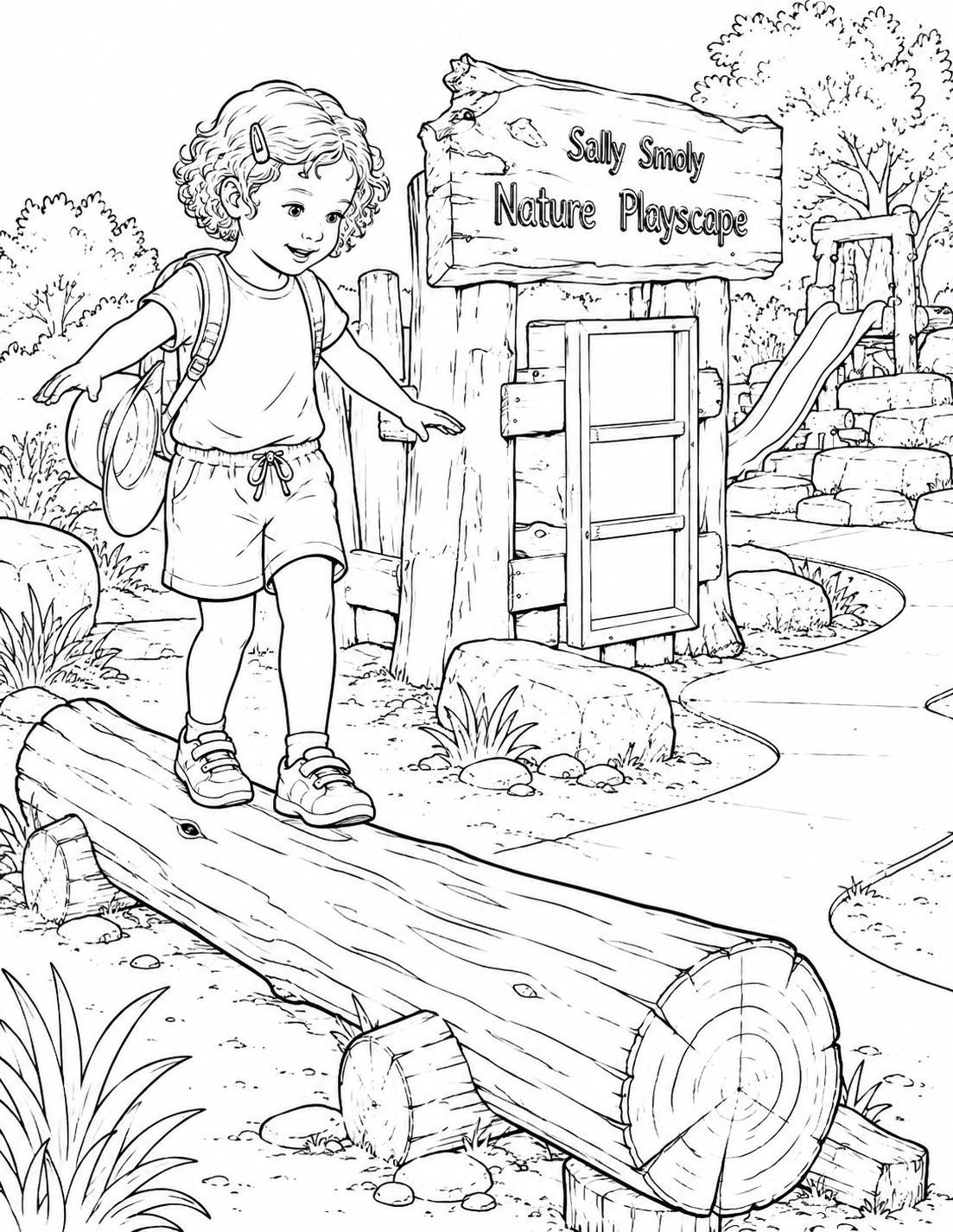 A young visitor balances on a low log at Sally Smoly Nature Playscape.
