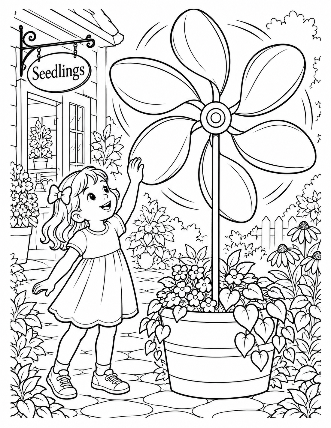 A child gives one large flower-shaped garden wind spinner a gentle push; its broad petal blades turn into a playful pinwheel around the fixed center post.
