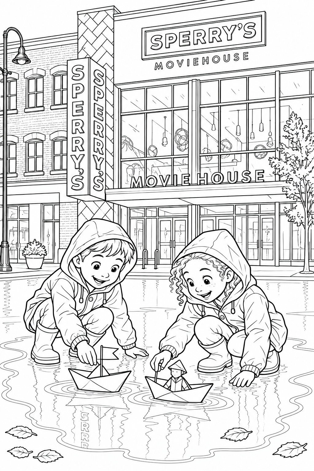 Two children float paper boats in a puddle outside Sperry’s.