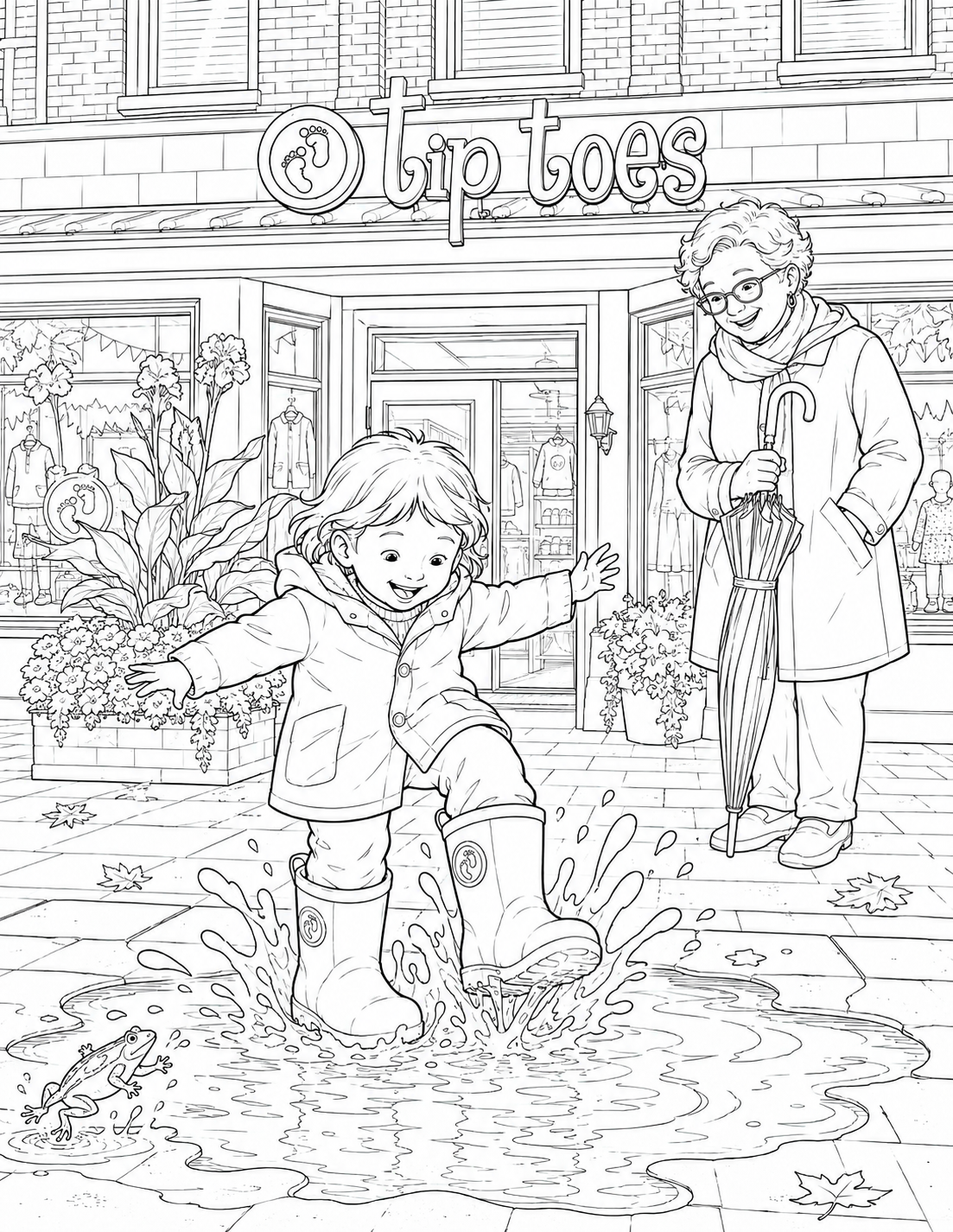 A child splashes beside a tiny frog outside Tip Toes while a grandparent watches.