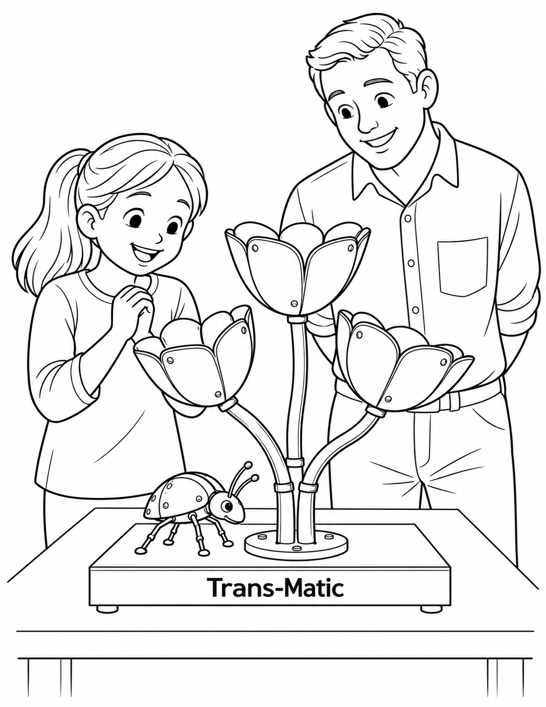 An adult and child admire a little metal flower garden and beetle.