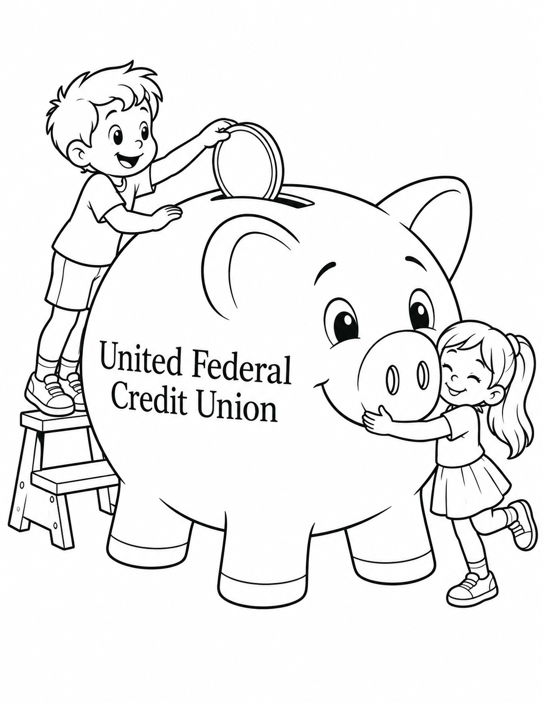 One child drops a large coin into a giant piggy bank while another hugs its round snout.