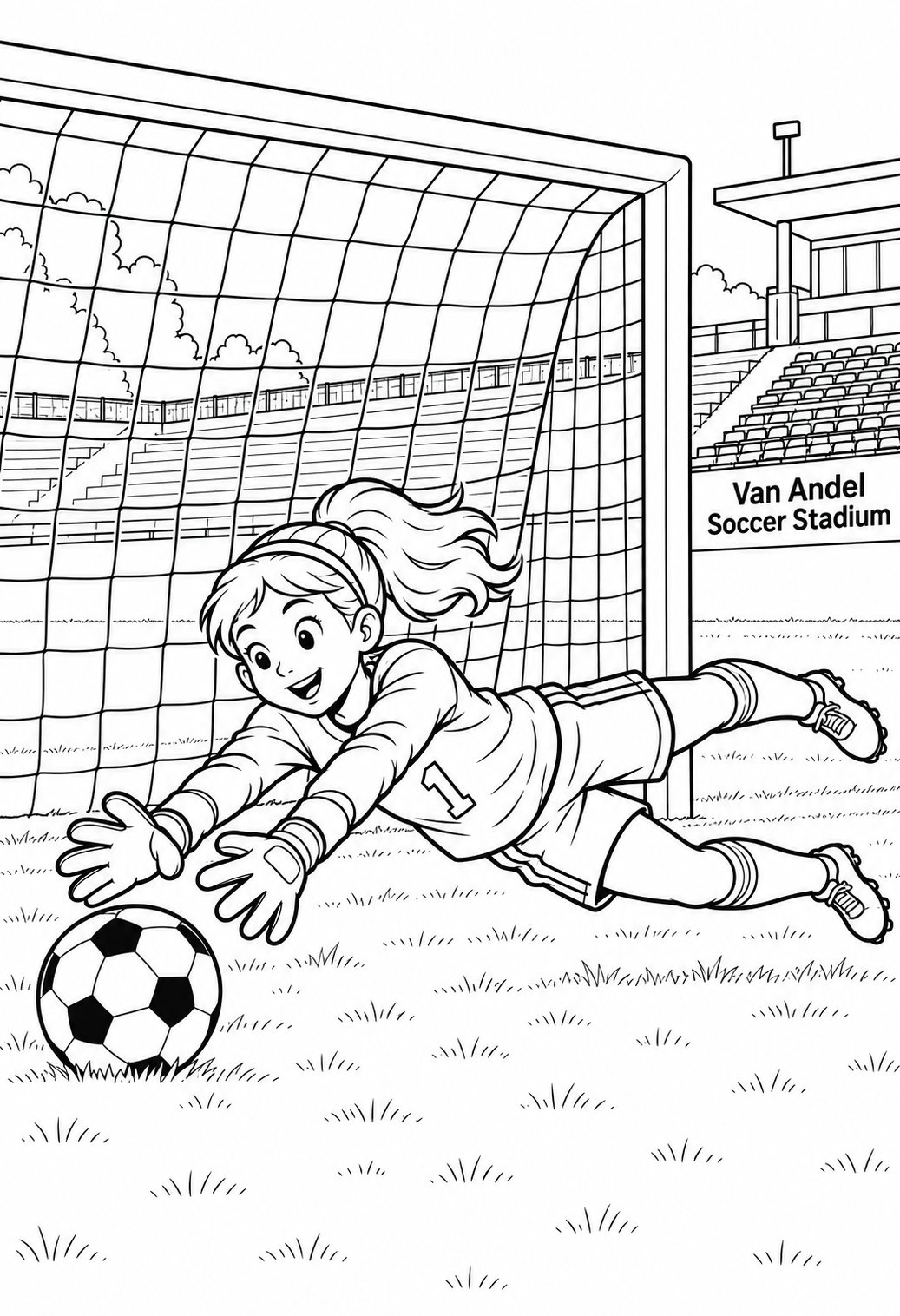 A goalkeeper stretches sideways to stop a shot at Van Andel Soccer Stadium.