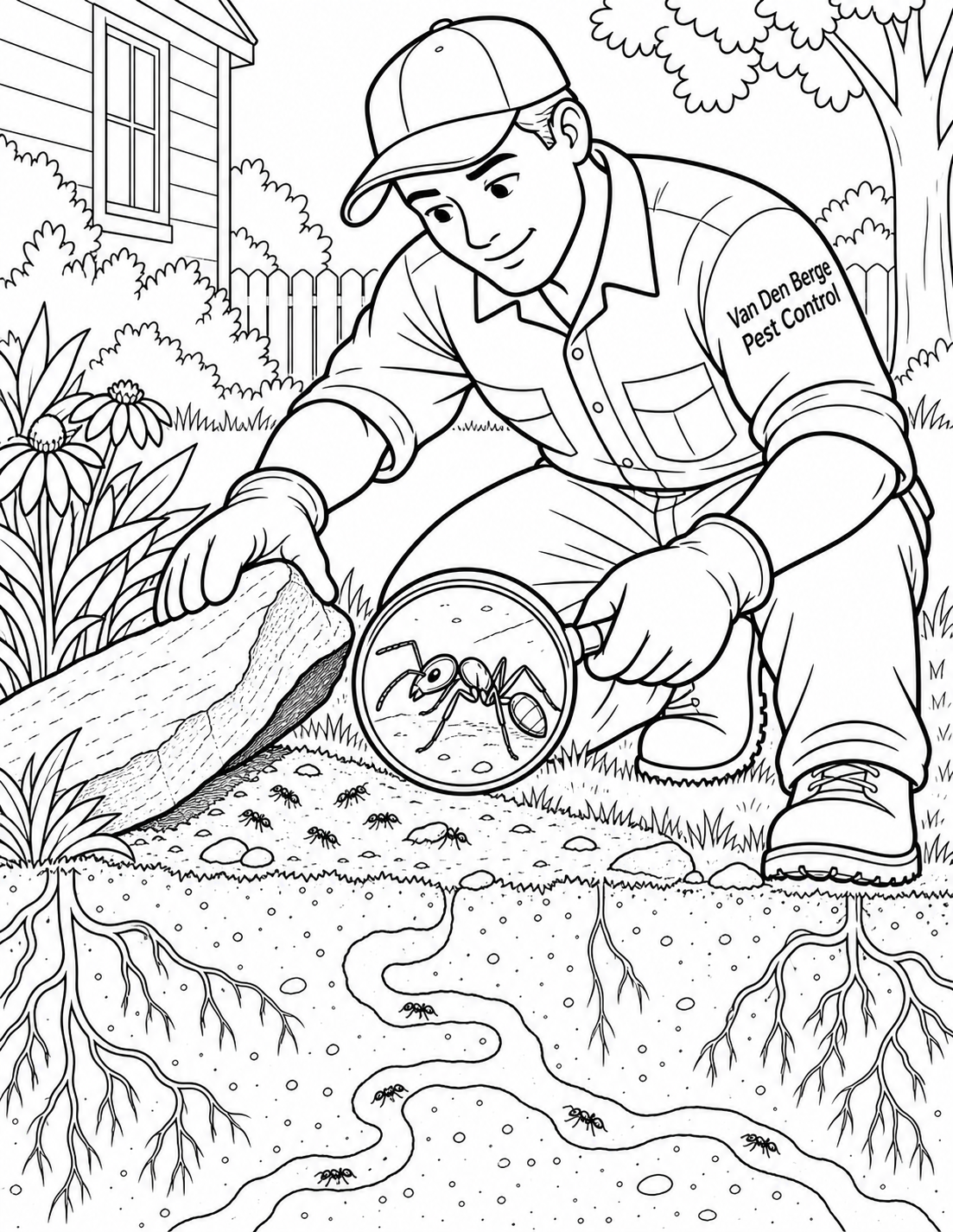 A pest inspector lifts a garden stone and looks at an ant through a magnifying glass. Below the lawn, an imagined cutaway reveals roots and winding insect tunnels.