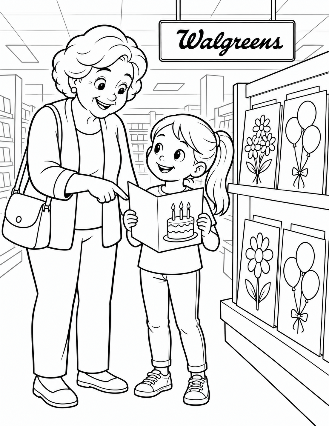 A child and grandmother choose a birthday card together in a Walgreens greeting-card aisle. This imagined Walgreens scene is shared by local branches in Holland and West Ottawa; it does not depict a particular store interior.