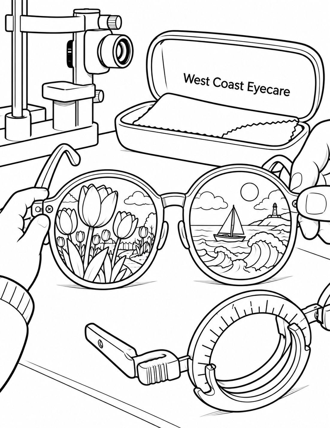 A child holds glasses with tulips in one lens and an imagined lakeshore in the other.