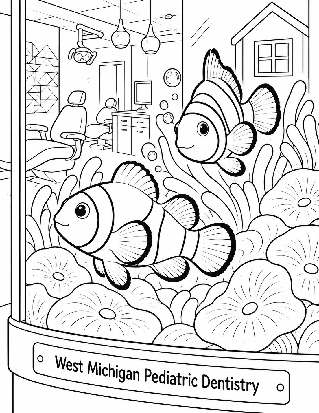 Two striped clownfish swim above broad anemone shapes, with a dental room beyond the aquarium glass.