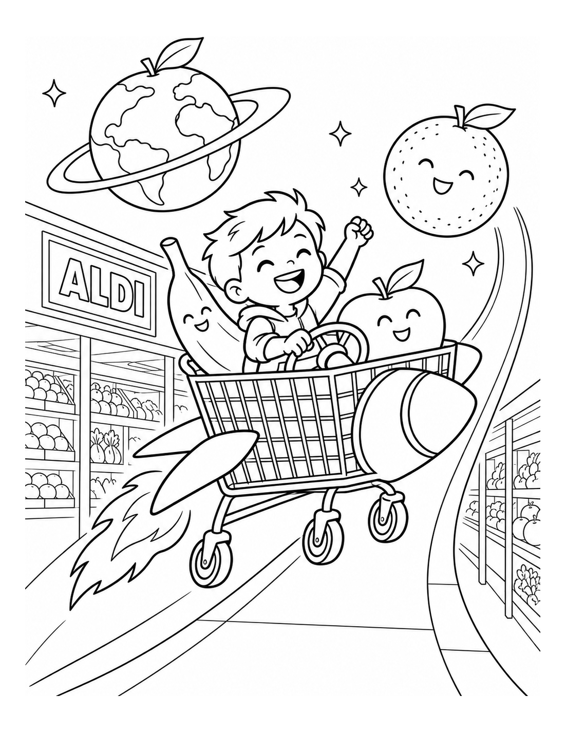 shopping cart transforms into a produce rocket and grocery aisle becomes a planet path