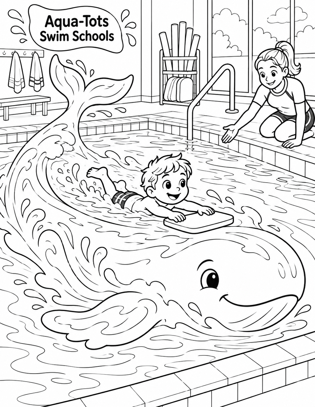The child reaches the pool wall as the broad curling wake reveals the path.