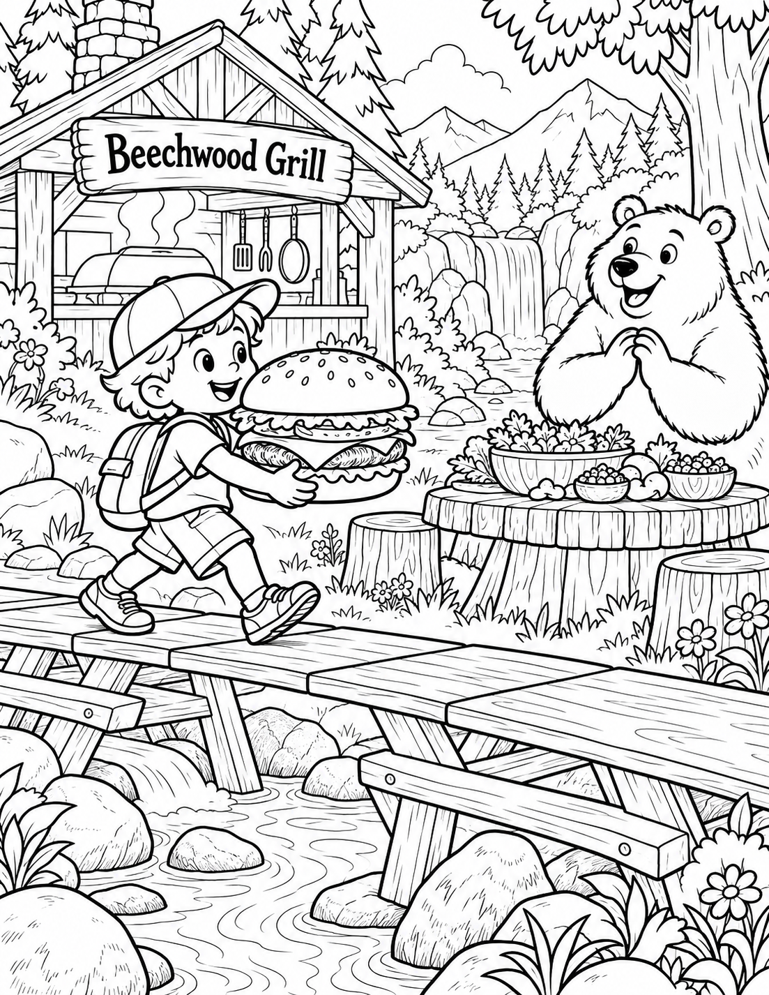 The playful burger bridge lets the child deliver a meal to the waiting bear.