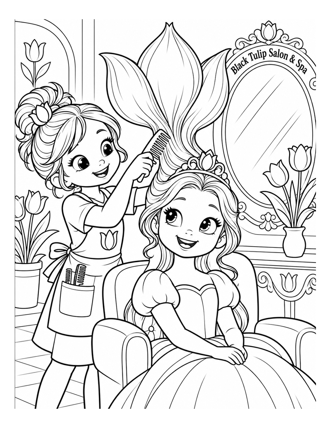 At the visible comb contact, one attached lock opens into a three-petal tulip-shaped hair crown.