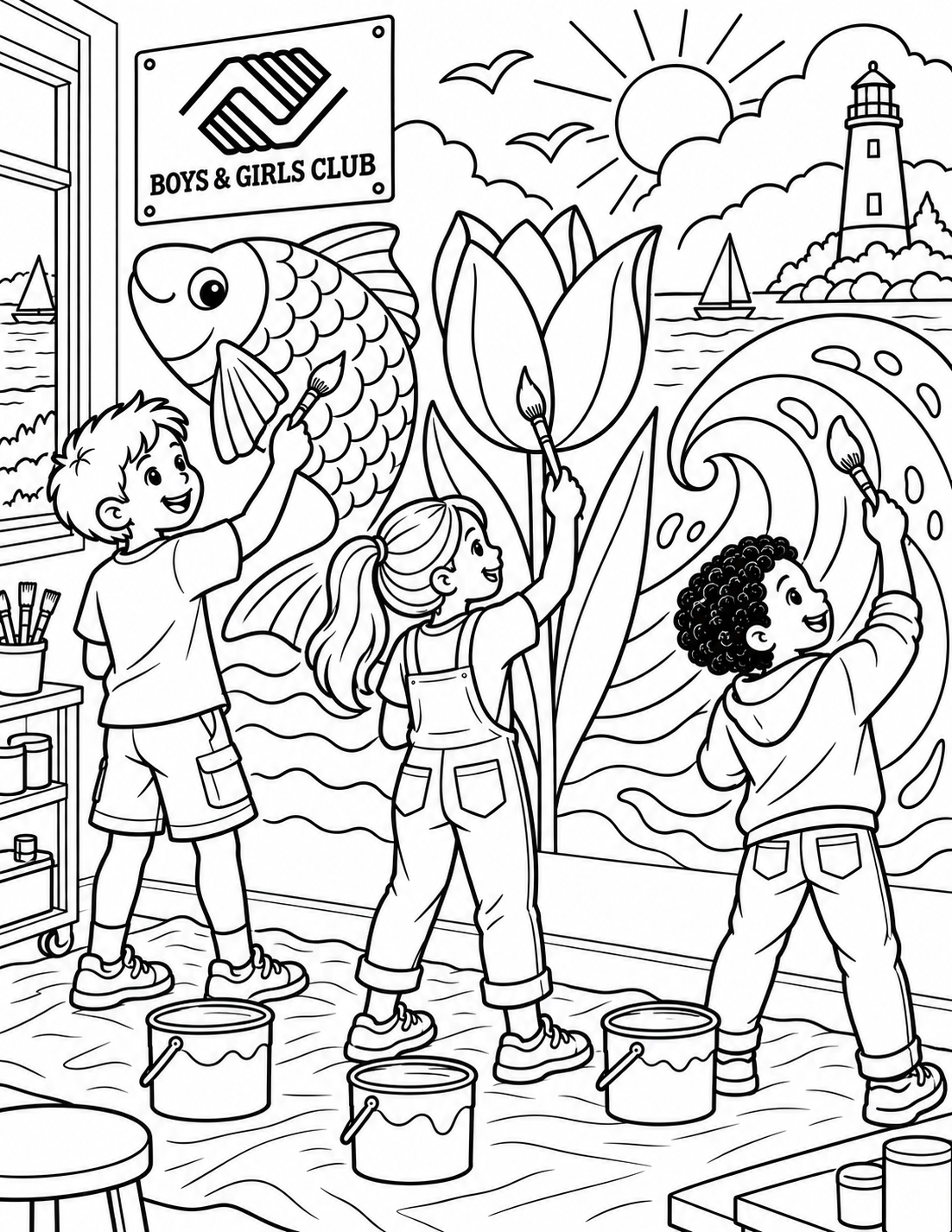 Three children create a big Holland lake-wave, fish and tulip mural together at the Boys & Girls Club, with all painted areas still open white for coloring.