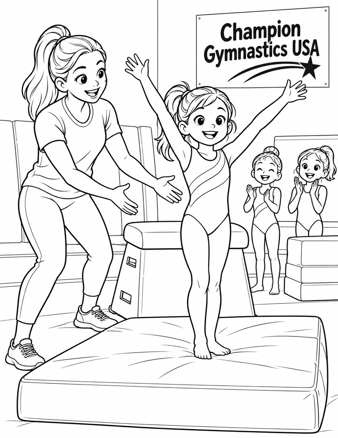 A young gymnast lands a small vault on a big soft mat as an instructor spots and peers cheer.