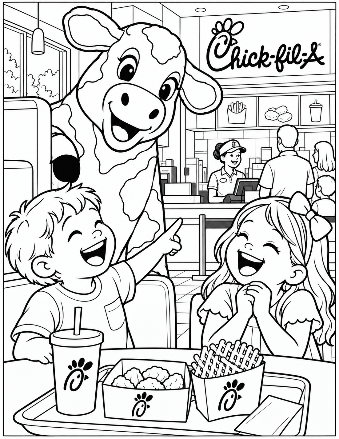 Two children spot a mischievous Chick-fil-A Cow peeking around the restaurant booth as their family shares a meal.