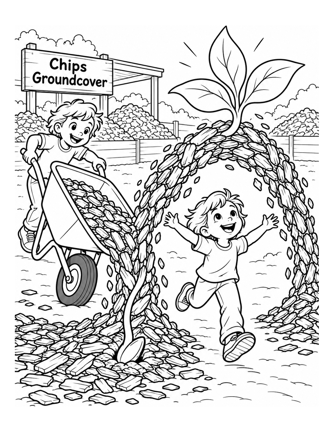 mulch trail transforms into a leafy garden hill and arch