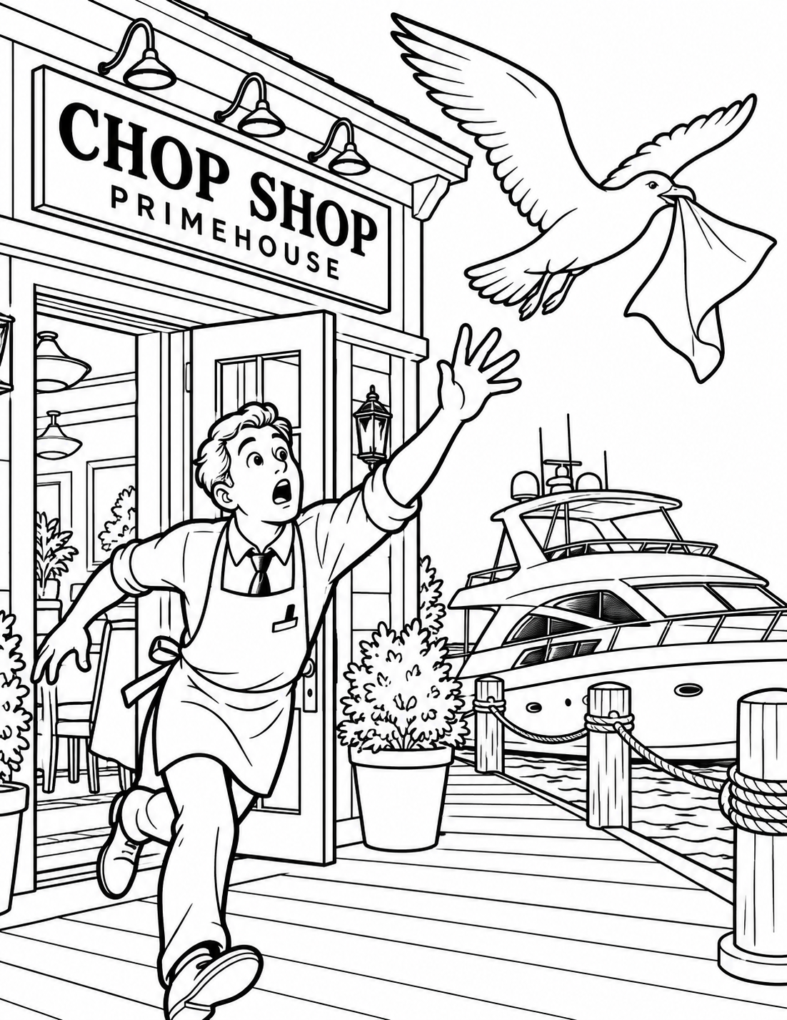 A cheeky seagull snatches a white napkin outside Chop Shop Primehouse beside a docked yacht, and a host reacts.