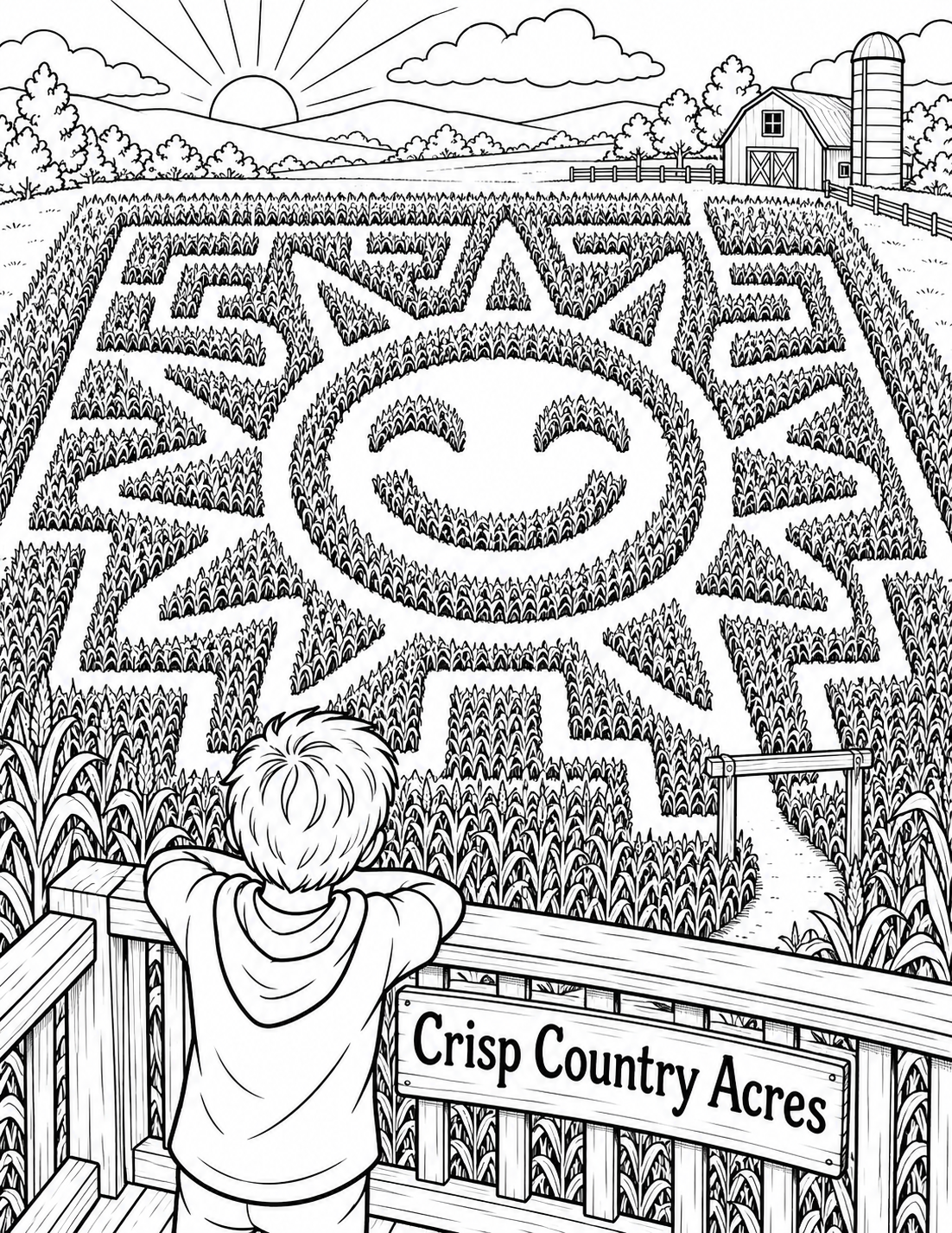 A child looks from above as a corn maze becomes a giant smiling sun with one clear path.