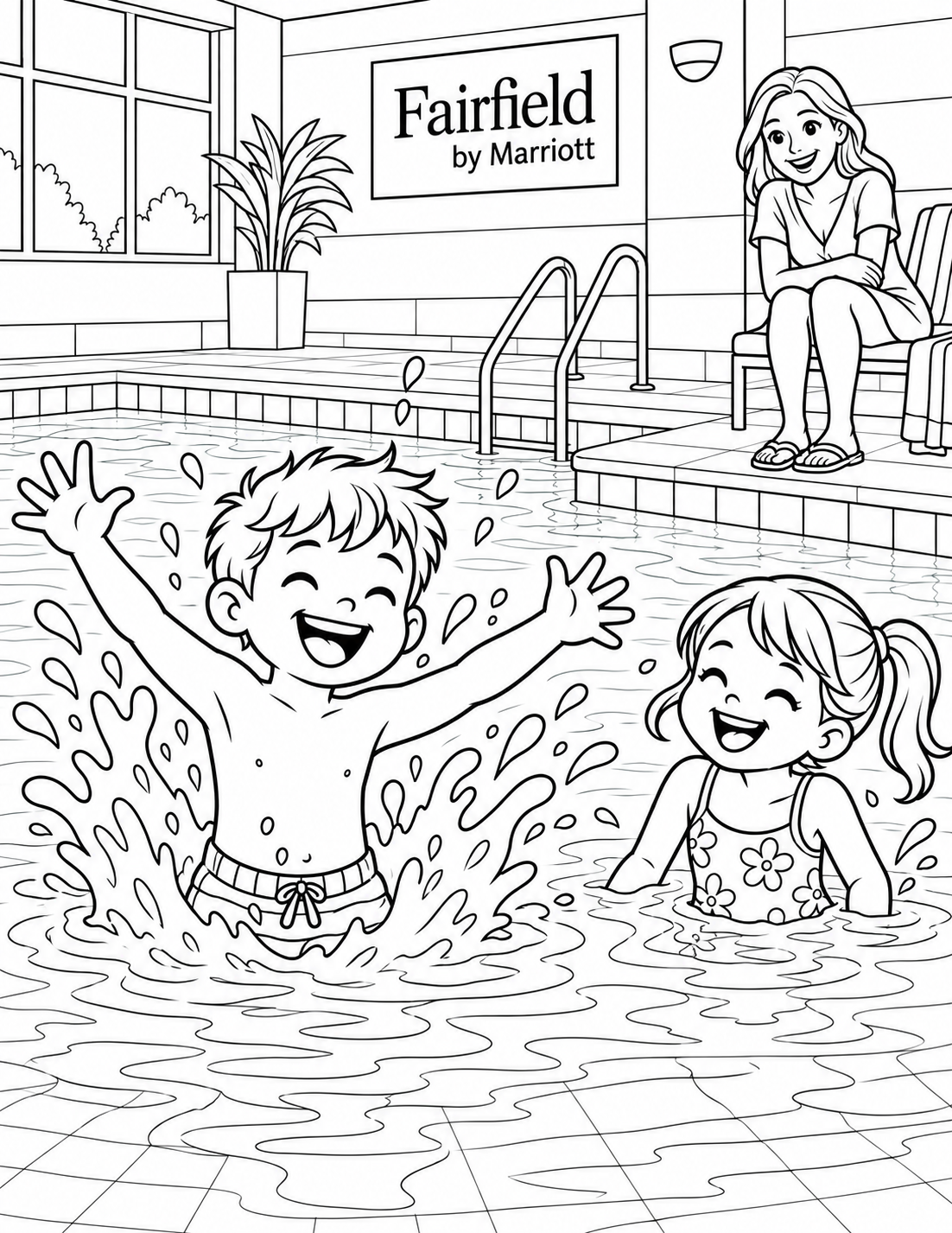A child makes a joyful splash in the hotel's indoor pool while a sibling laughs and an adult watches from the deck.