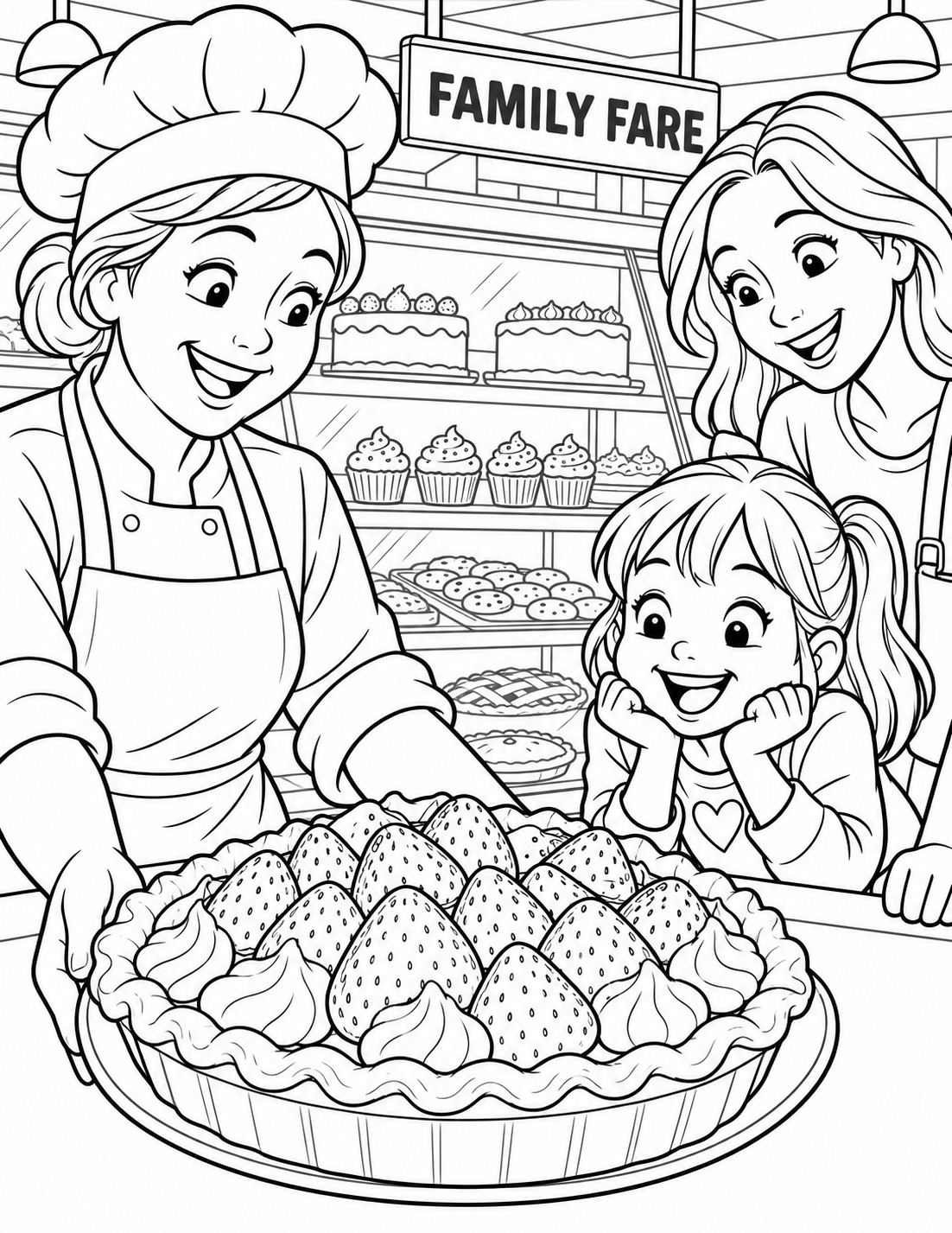 A Family Fare baker presents a big signature strawberry pie to a delighted child and parent at the bakery case.