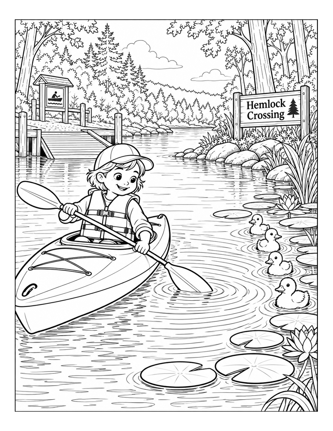 paddle-made ripples open a playful lily-pad passage for ducklings among Hemlock Crossing’s wooded banks