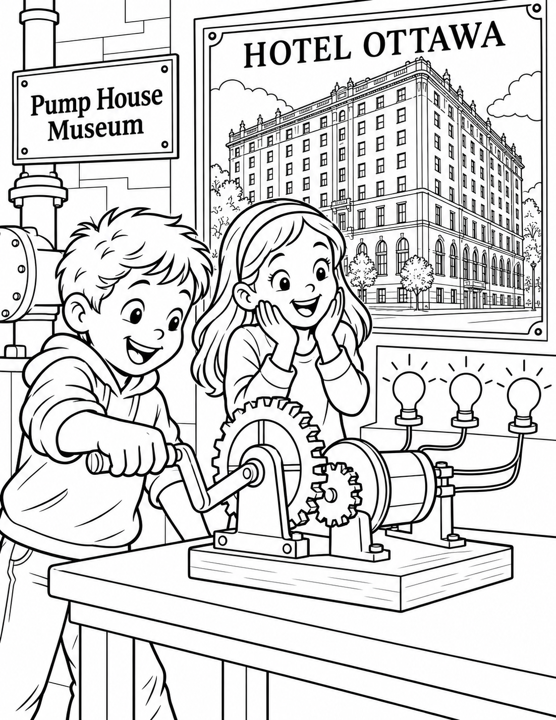 A child turns the museum generator model's hand crank and sees the Hotel Ottawa display lights come on.