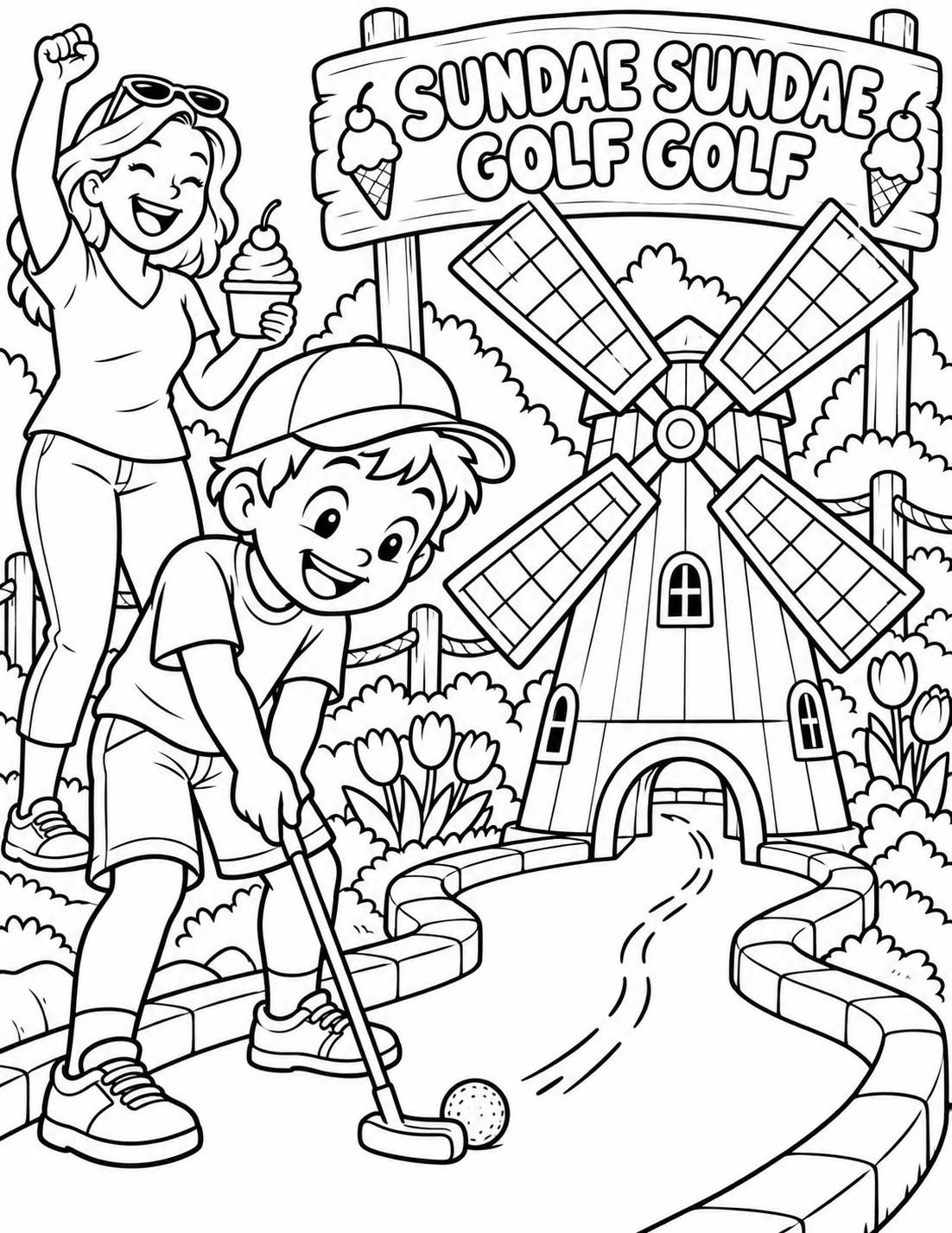 Child's mini-golf putt rolls through a big windmill as a parent cheers with a sundae at Sundae Sundae Golf Golf.