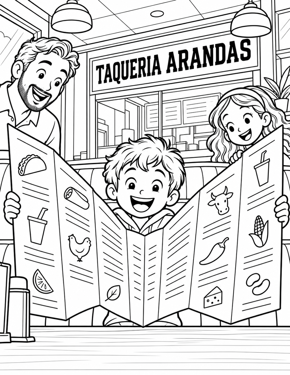 At a quick-service taqueria, a child opens an accordion-fold menu so widely it becomes a playful fan of giant paper wings around them, while family members peek from either side.