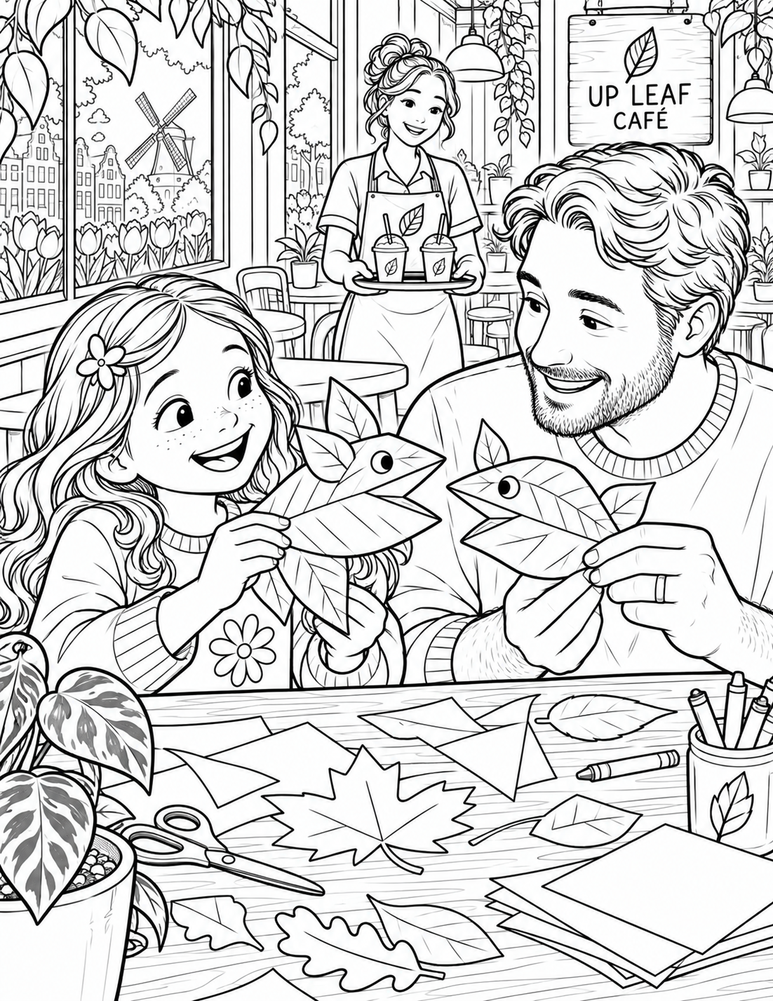 A child folds a leaf-shaped paper animal puppet with a parent at a lively Up Leaf Café table; smoothies are a tiny side accent.