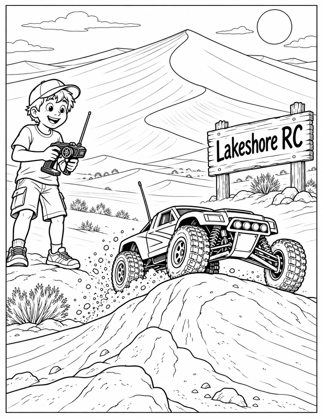 A child steers a small radio-control vehicle across a toy desert with enormous dunes.