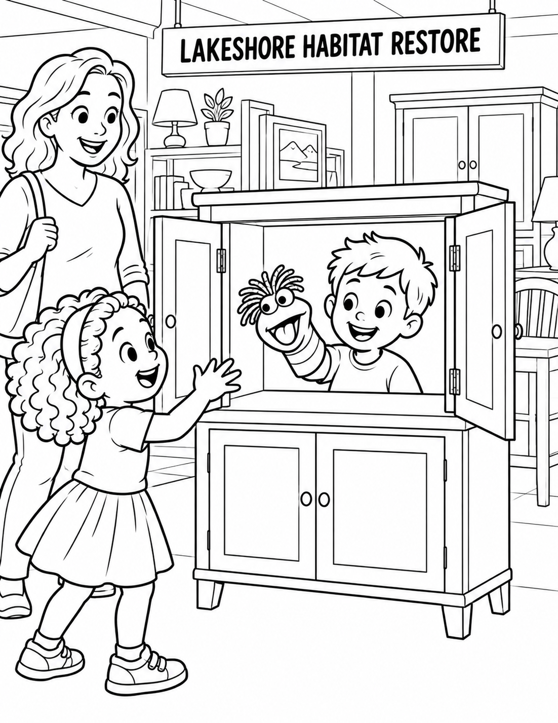 Two children discover a stable donated cabinet turned into a tiny puppet theater, one performing a sock puppet and the other reacting.