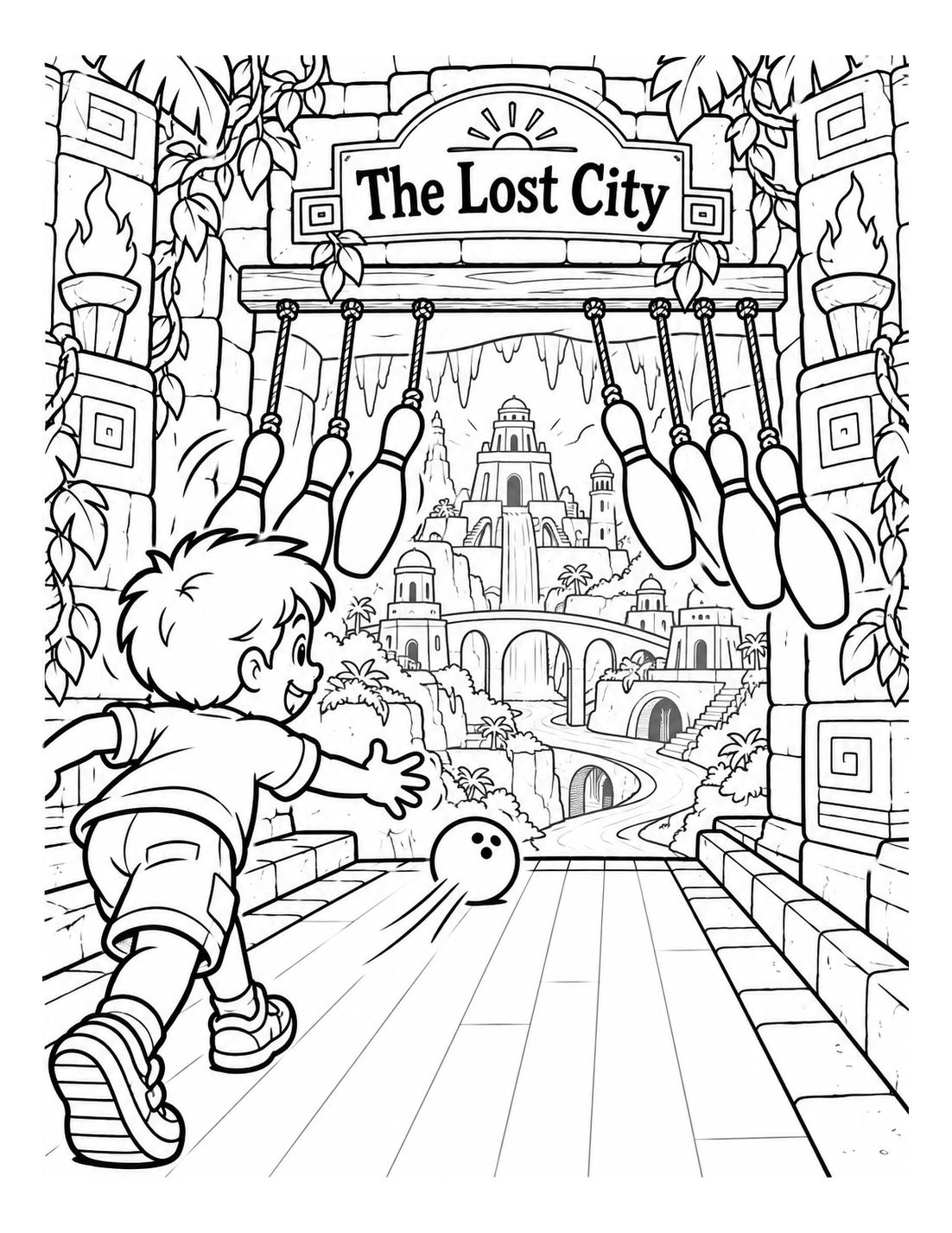 One mini-bowling roll swings the suspended pins open to reveal a hidden city.
