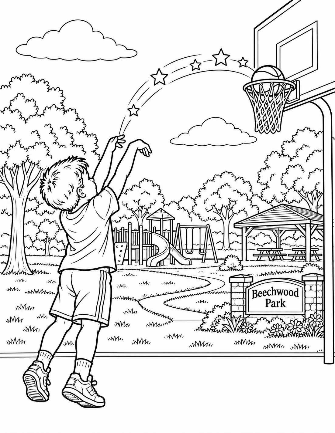 A basketball shot with a star trail from the boy’s hands into the hoop.