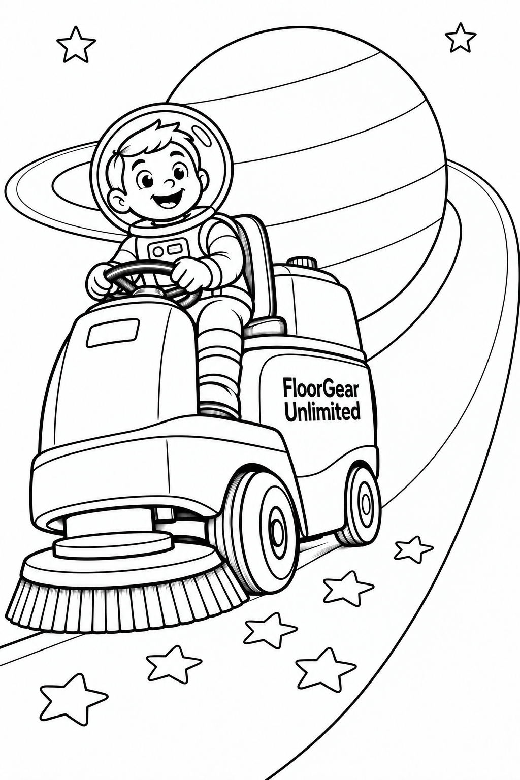 Child astronaut polishes the wide ring of a planet with a ride-on floor scrubber.