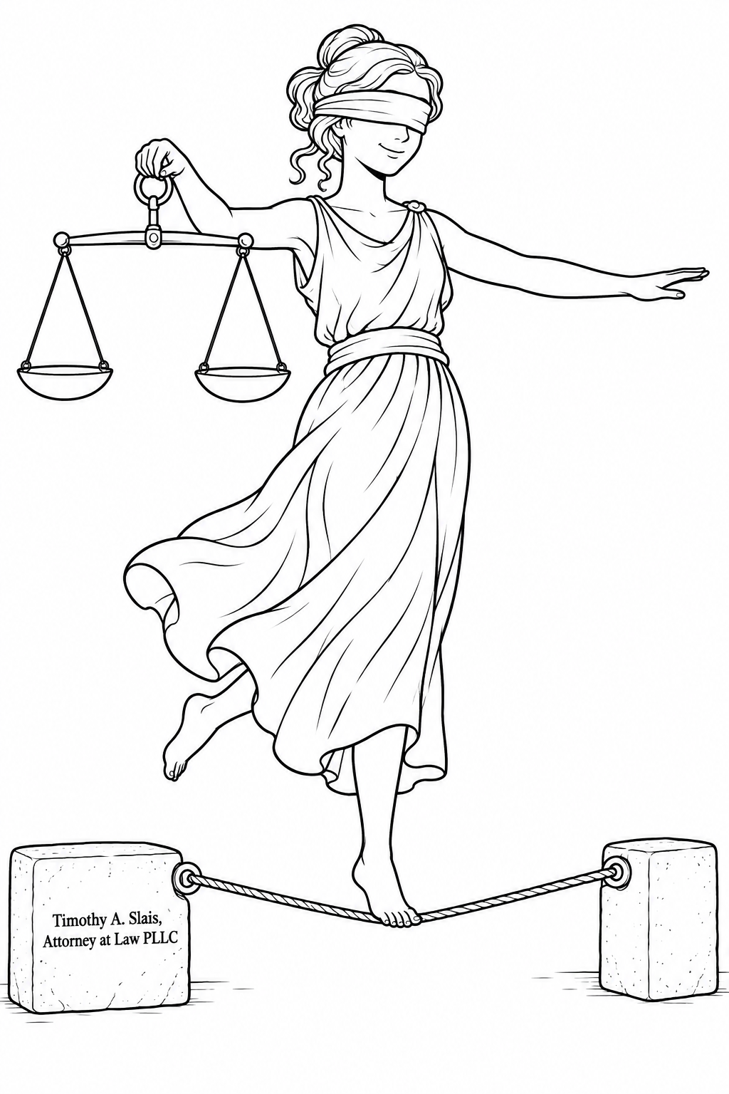 A blindfolded Lady Justice balances on a low tightrope while keeping her scales level.