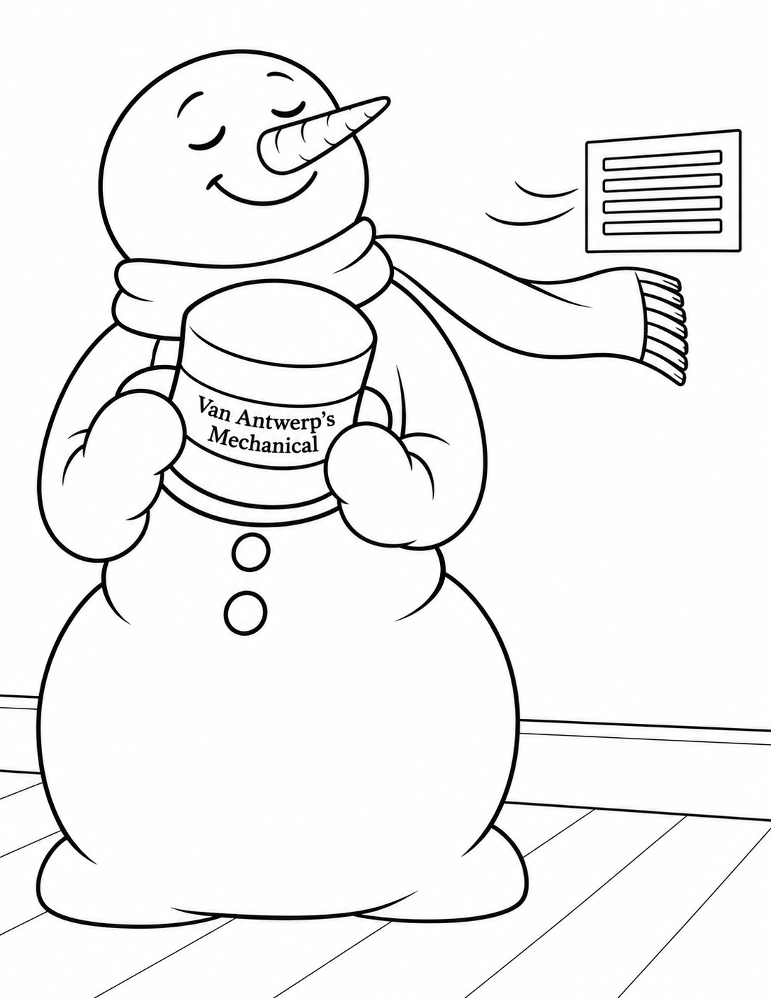 A relieved snowman enjoys a cool indoor breeze that lifts its scarf.
