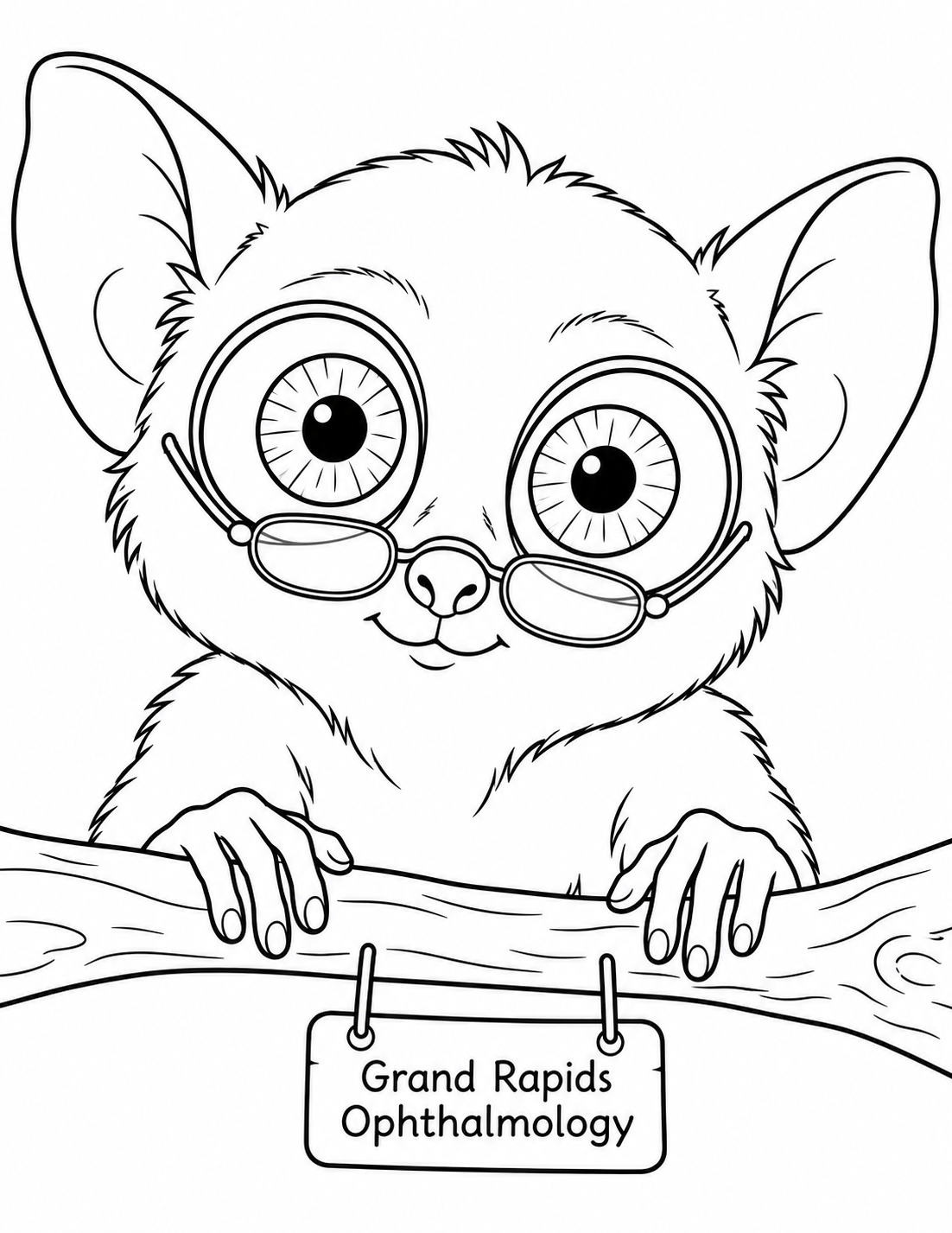 A wide-eyed tarsier looks over a pair of comically small spectacles.