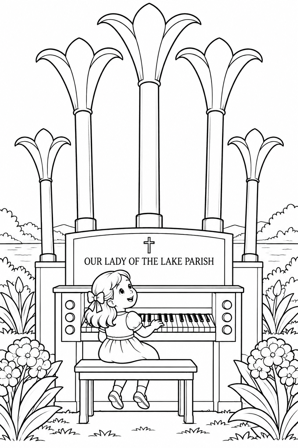 Five organ pipes open their own mouths into great flower bells; the musical instrument itself becomes the garden.