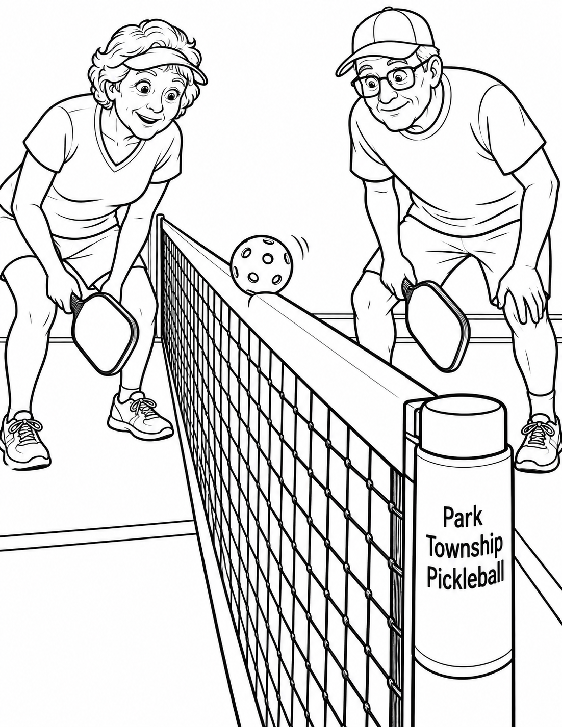 Two adult pickleball players on opposite sides of a net lean forward with amused suspense as one perforated ball catches the broad top tape and starts to tumble off.
