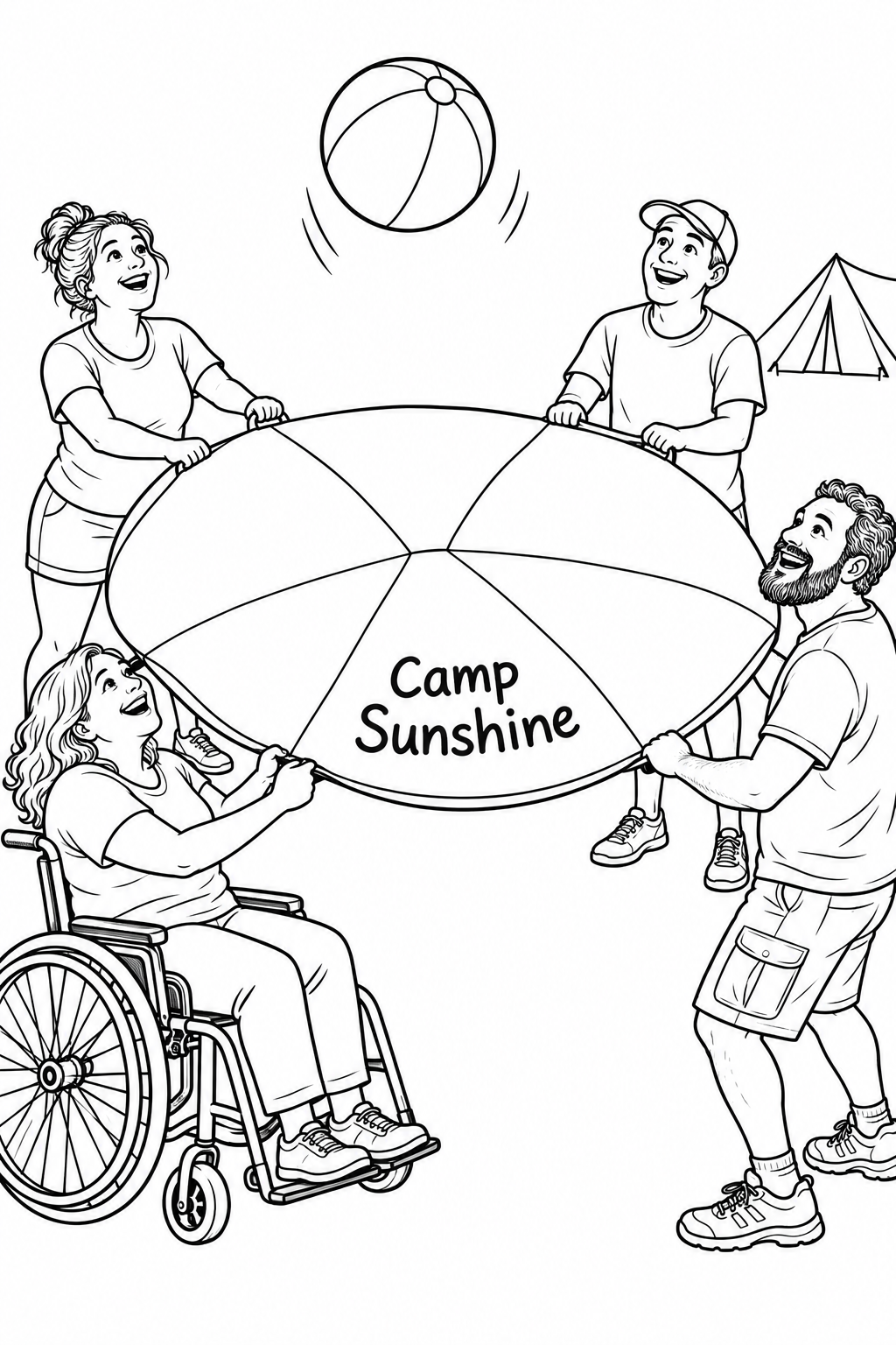Four cheerful adults play together with a broad round play parachute, sending one beach ball upward from its center at Camp Sunshine.