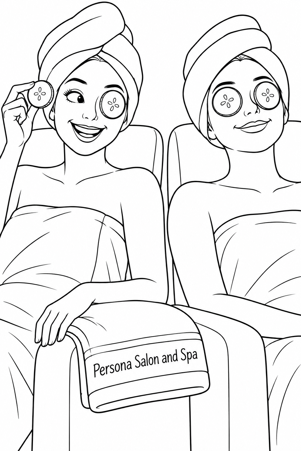 Two adult spa guests sit side by side in soft towel turbans; one peeks from beneath a cucumber eye slice and grins at her friend, who is peacefully wearing both slices.