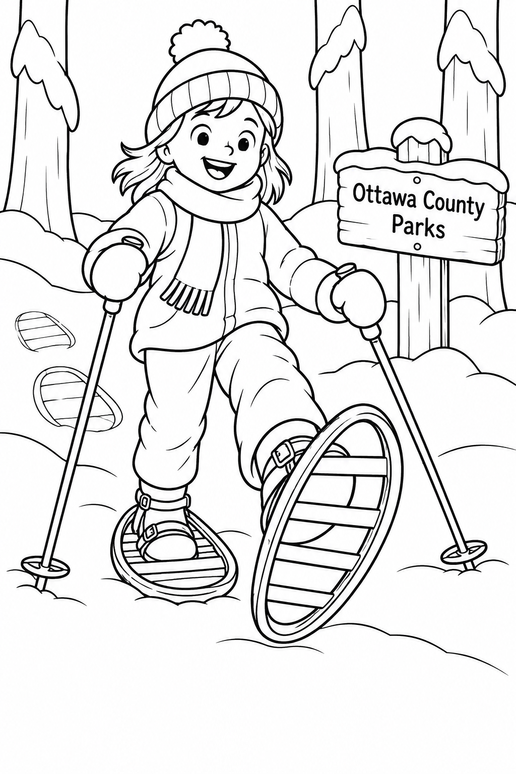 A bundled child takes an enormous snowshoe step through soft woodland snow, laughing at how far apart their own tracks are.