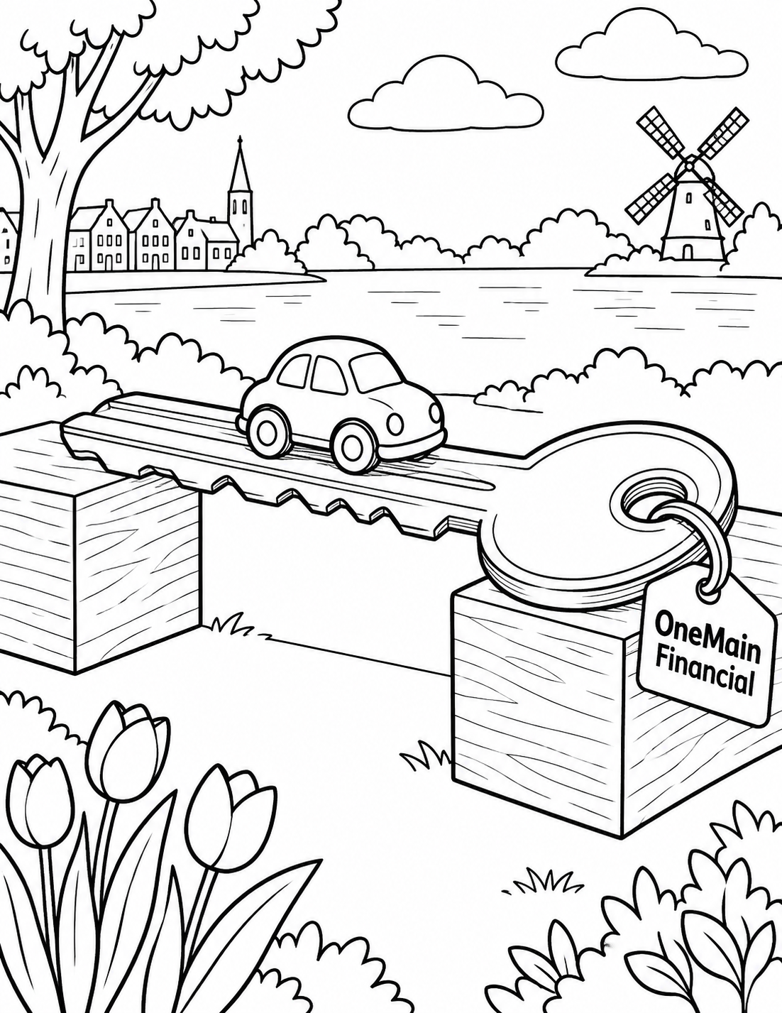 A small toy car crosses an oversized metal key laid flat as a sturdy little bridge between two low wooden blocks.