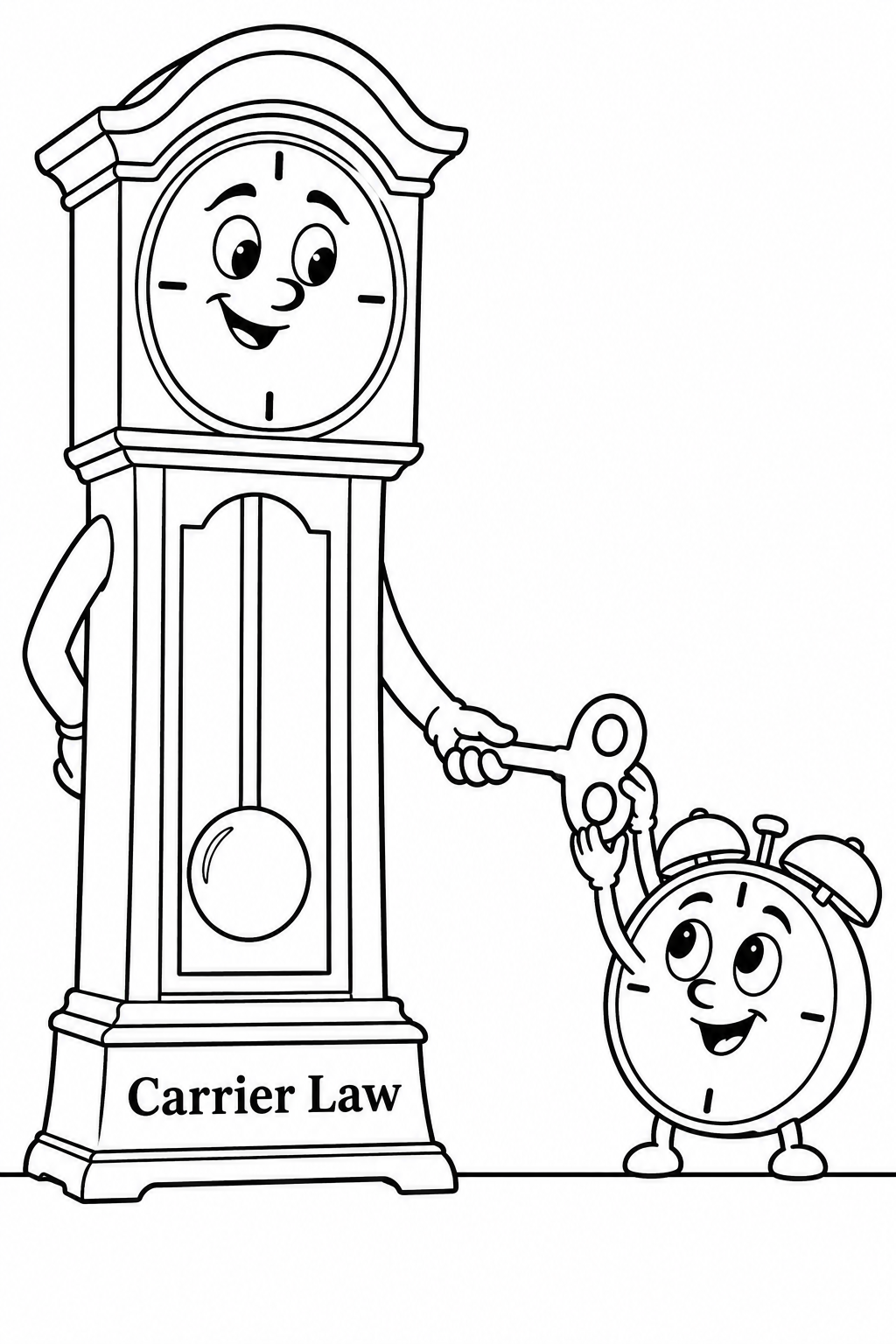 A friendly grandfather clock carefully passes its large winding key to a delighted little alarm clock standing beside it.